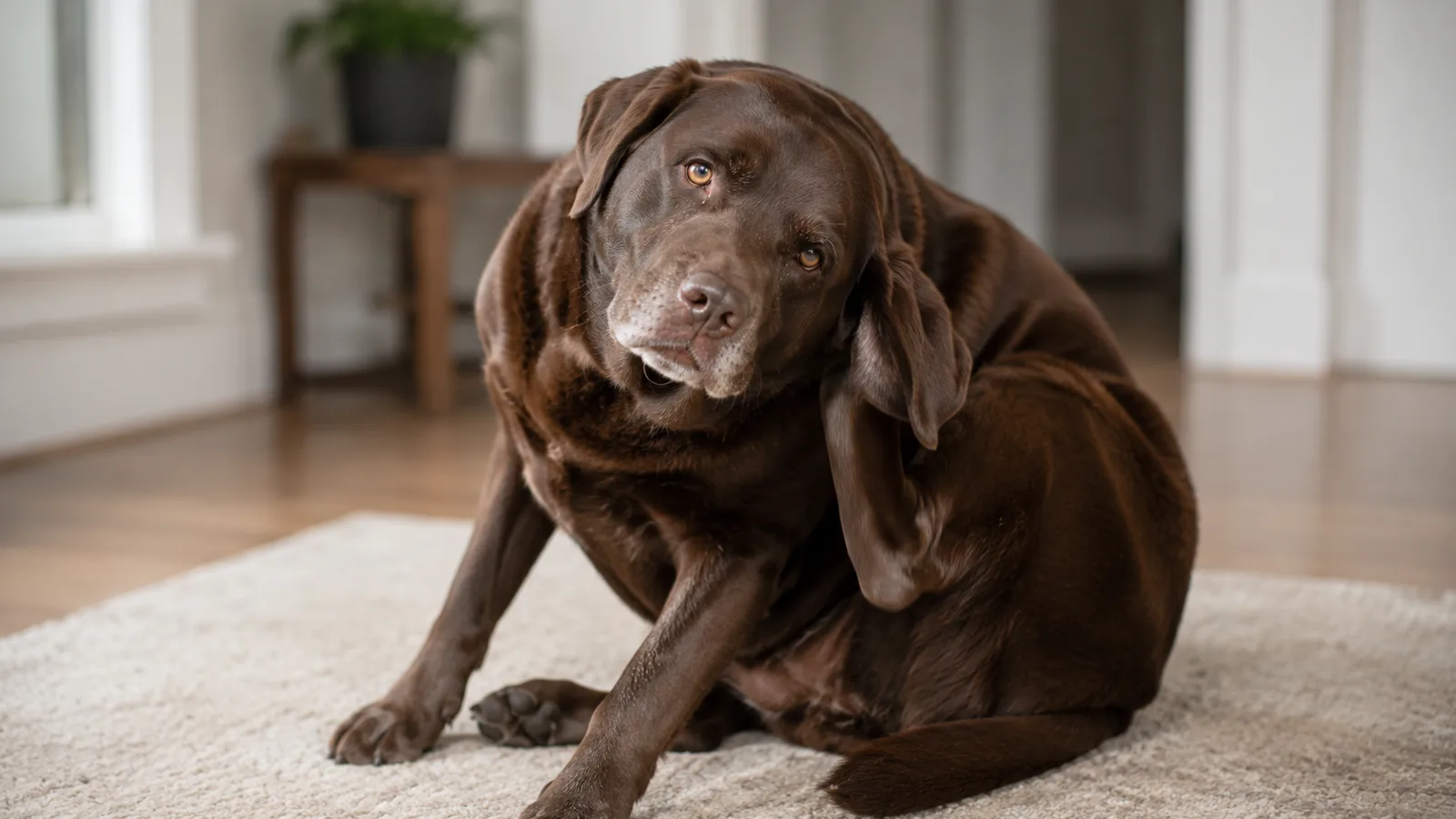 Chocolate Labrador sitting indoors, with it's head slightly tilted, scratching at its swollen ear flap.