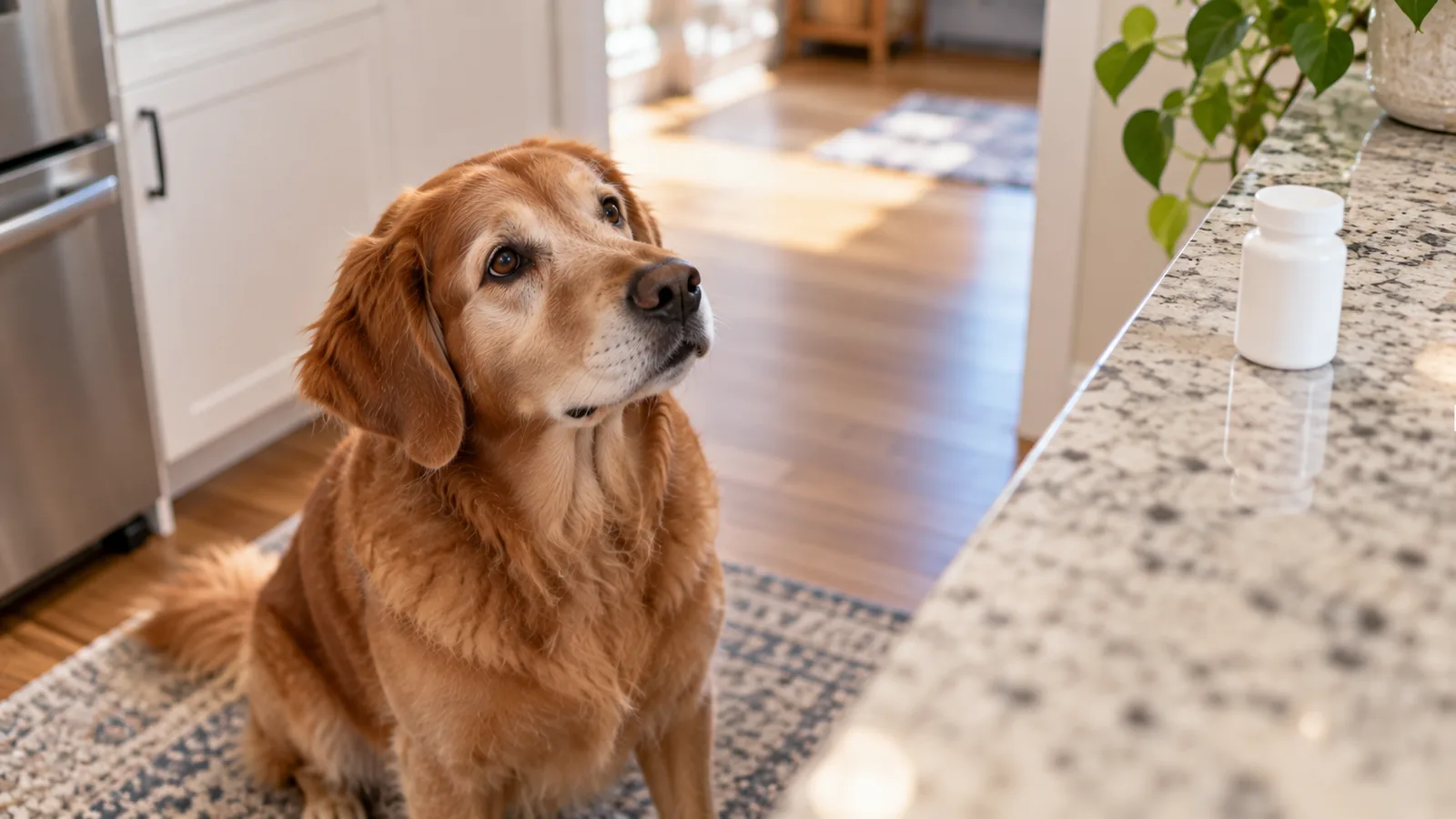 A golden retriever sits on a kitchen rug looking up, with a white pill bottle on the granite counter.