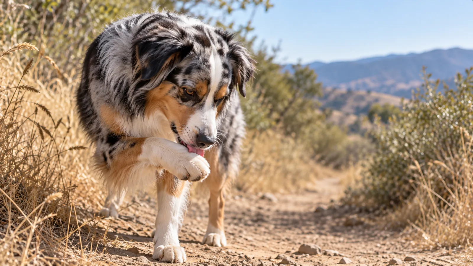 An Australian shepherd stops on a dry dirt trail to lick its raised front paw, dry hills in the background.